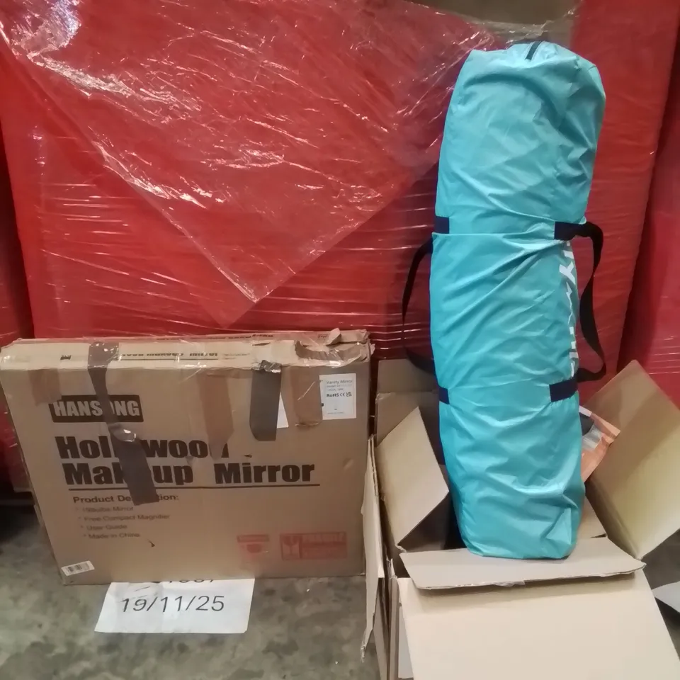PALLET OF ASSORTED HOUSEHOLD GOODS AND PRODUCTS TO INCLUDE;TENT,MAKEUP MIRROR,INSINKERATOR 