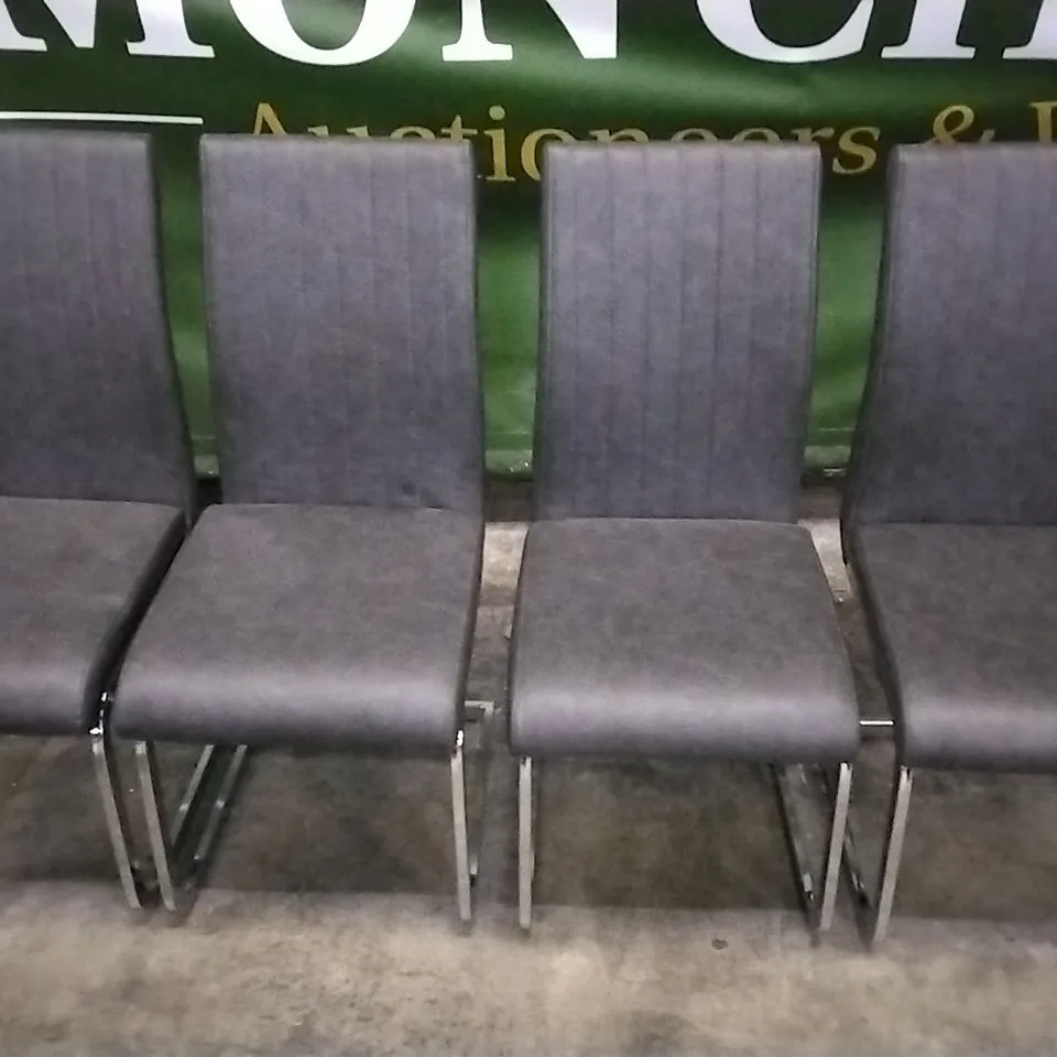 SET OF 4 CHARCOAL GREY LEATHER DINING CHAIRS WITH CHROME LEGS