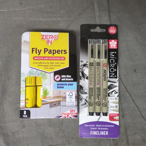 APPROXIMATELY 10 ASSORTED HOUSEHOLD ITEMS TO INCLUDE FLY PAPERS, PIGMA MICRON FINELINERS, ETC