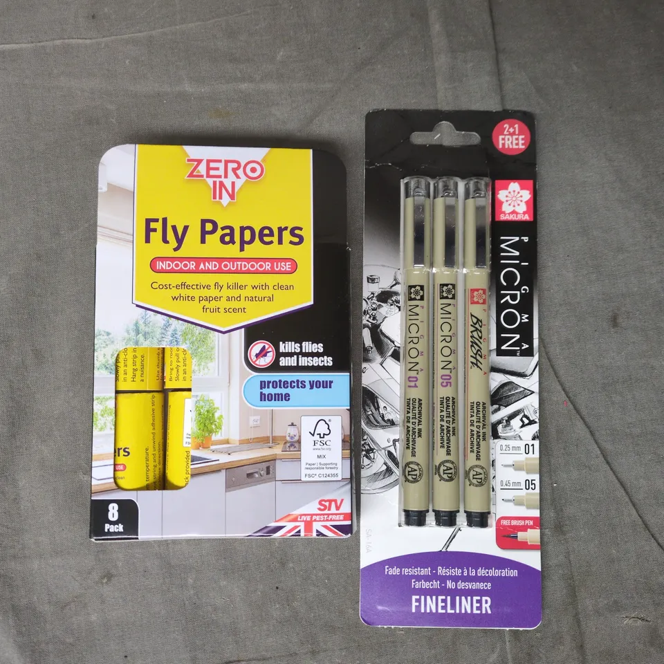 APPROXIMATELY 10 ASSORTED HOUSEHOLD ITEMS TO INCLUDE FLY PAPERS, PIGMA MICRON FINELINERS, ETC