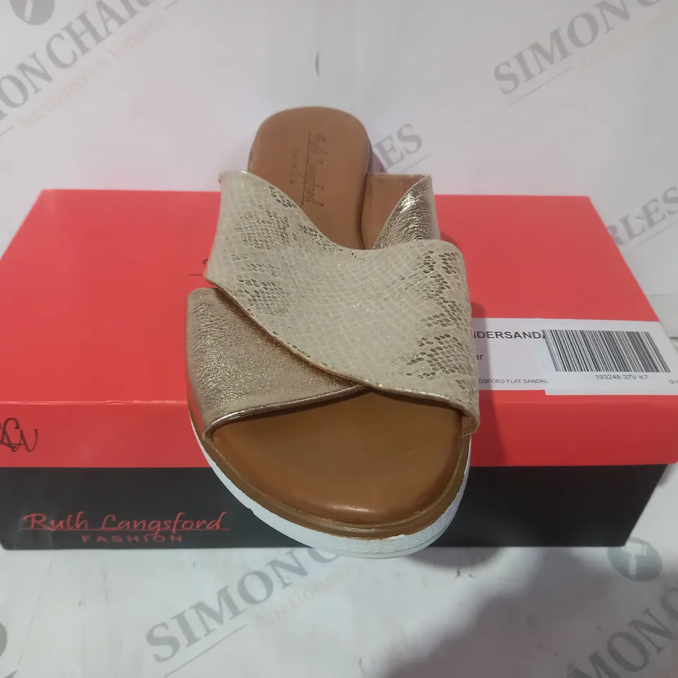 BOXED PAIR OF RUTH LANGSFORD LEATHER SANDALS IN METALLIC GOLD SIZE 7