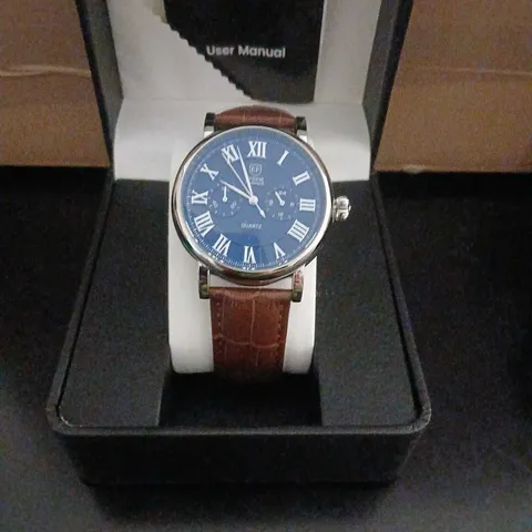 ERNEST FERDINAND WRISTWATCH – BLUE DIAL, ROMAN NUMERALS, BROWN LEATHER STRAP (EF) IN PRESENTATION BOX
