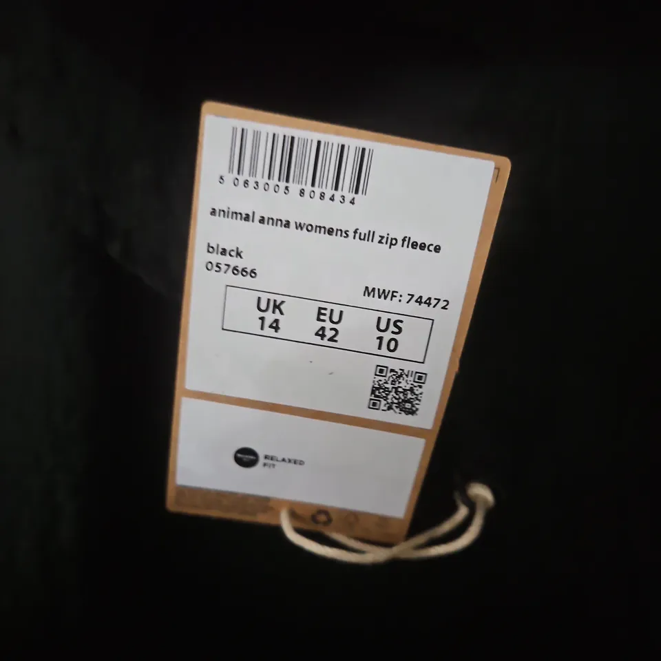 UK 14 ANIMAL ANNA WOMEN'S FULL-ZIP FLEECE JACKET – BLACK (EU 42, US 10)