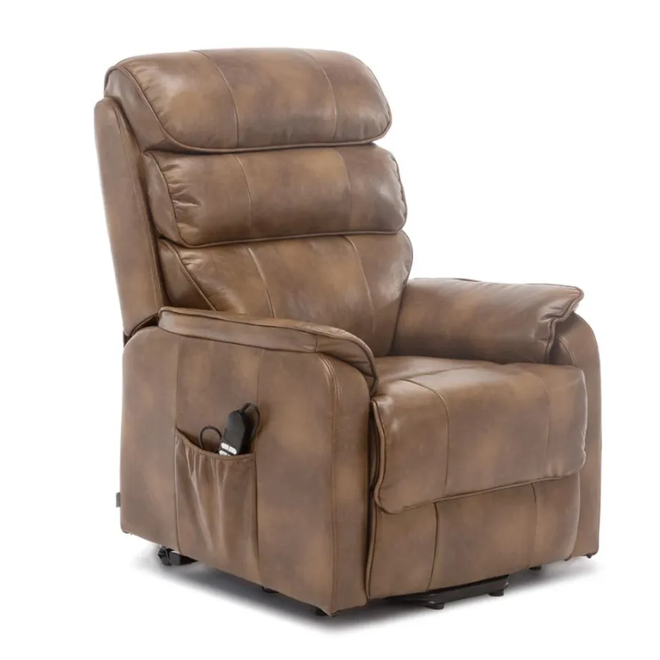 BOXED BUCKINGHAM DUAL RISE FAUX LEATHER RECLINER CHAIR - TAN (2 BOXES)