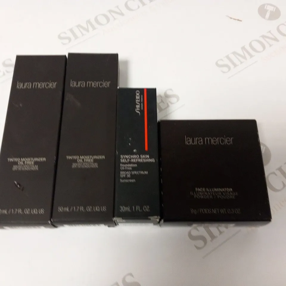APPROXIMATELY 19 ASSORTED COSMETIC TO INCLUDE; LAURA MERCIER TINTED MOISTURIZER, LAURA MERCIER FACE ILLUMINATION AND SHISEIDO SYNCHRO SKIN SELF REFRESHING