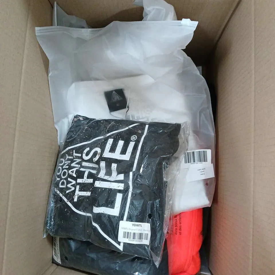 YOU DON'T WANT THIS LIFE - BOX OF APPROXIMATELY 10 ASSORTED CLOTHING ITEMS TO INCLUDE - TSHIRT - BIKINI TOP - HOODIE