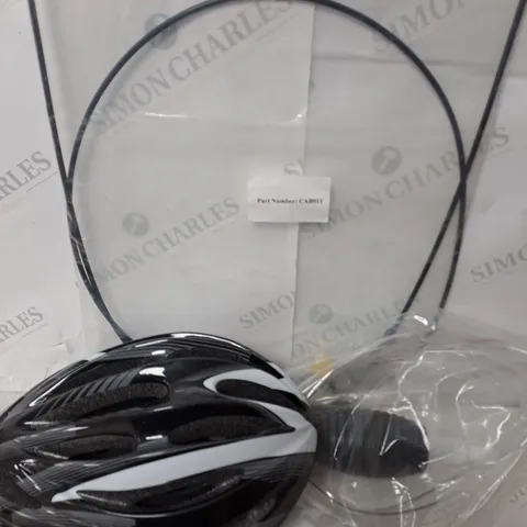 BOX OF ASSORTED ITEMS TO INCLUDE BRAKE CABLE - BIKE HELMETE - MUD GUARDS