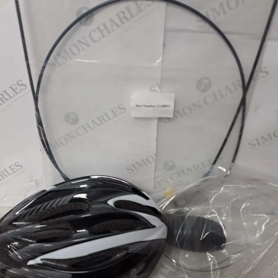 BOX OF ASSORTED ITEMS TO INCLUDE BRAKE CABLE - BIKE HELMETE - MUD GUARDS 