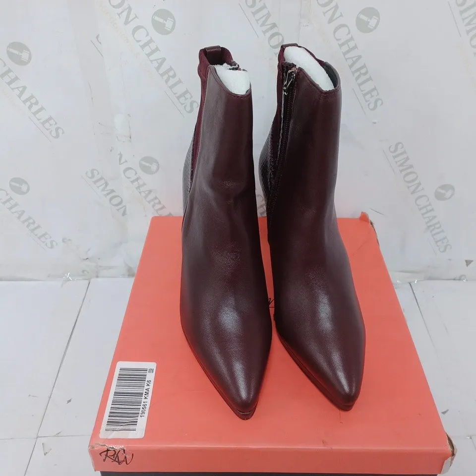 BOXED PAIR OF RUTH LANGSFORD PLATFORM LEATHER ANKLE BOOTS IN BURGUNDY - SIZE 6