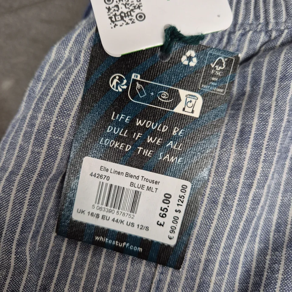 WHITE STUFF ELLE LINEN BLEND TROUSERS – BLUE STRIPE, UK 16