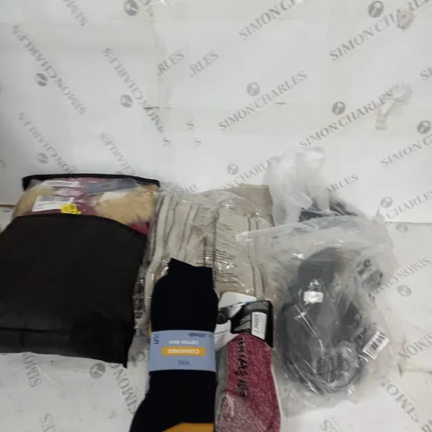 LARGE BOX OF ASSORTED CLOTHING ITEMS IN VARIOUS COLOURS AND SIZES INCLUDING TROUSERS , TOPS AND JUMPERS 