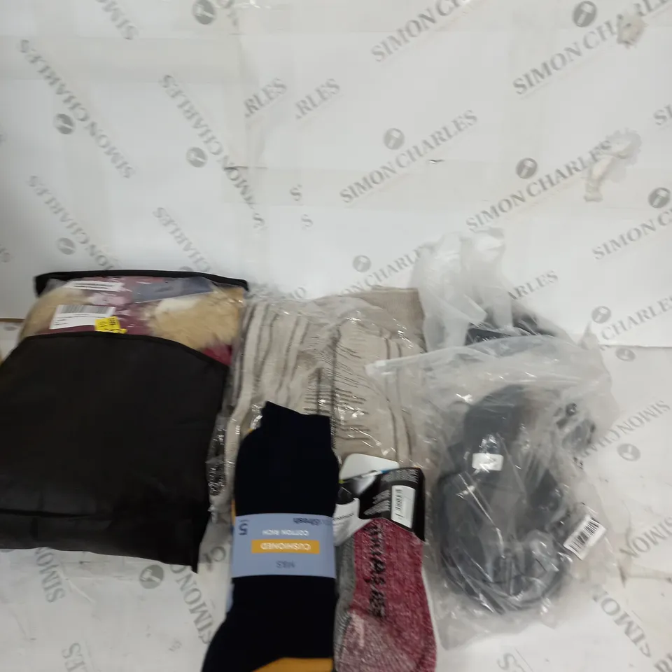LARGE BOX OF ASSORTED CLOTHING ITEMS IN VARIOUS COLOURS AND SIZES INCLUDING TROUSERS , TOPS AND JUMPERS 