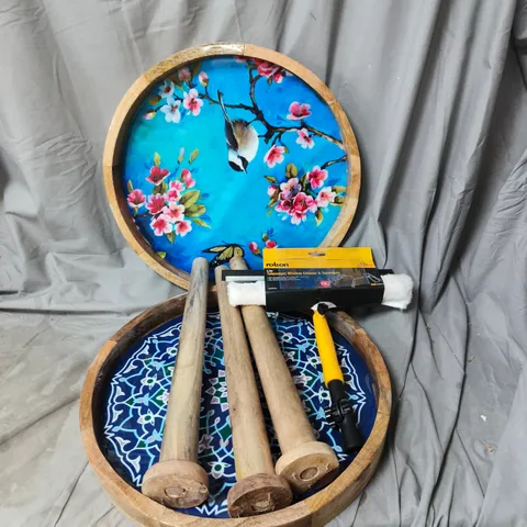 BOX OF APPROXIMATELY 15 ASSORTED HOUSEHOLD ITEMS INCLUDING TABLE TOPS OF VARIOUS DESIGNS, TABLE LEGS, TELESCOPIC WINDOW CLEANER ETC