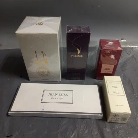 BOX OF APPROXIMATELY 5 ASSORTED SEALED FRAGRANCES TO INCLUDE - ORIFLAME POSSESS - JTF MISS LOSE CHERRY - FEDERICO MAHORA PURE - ETC