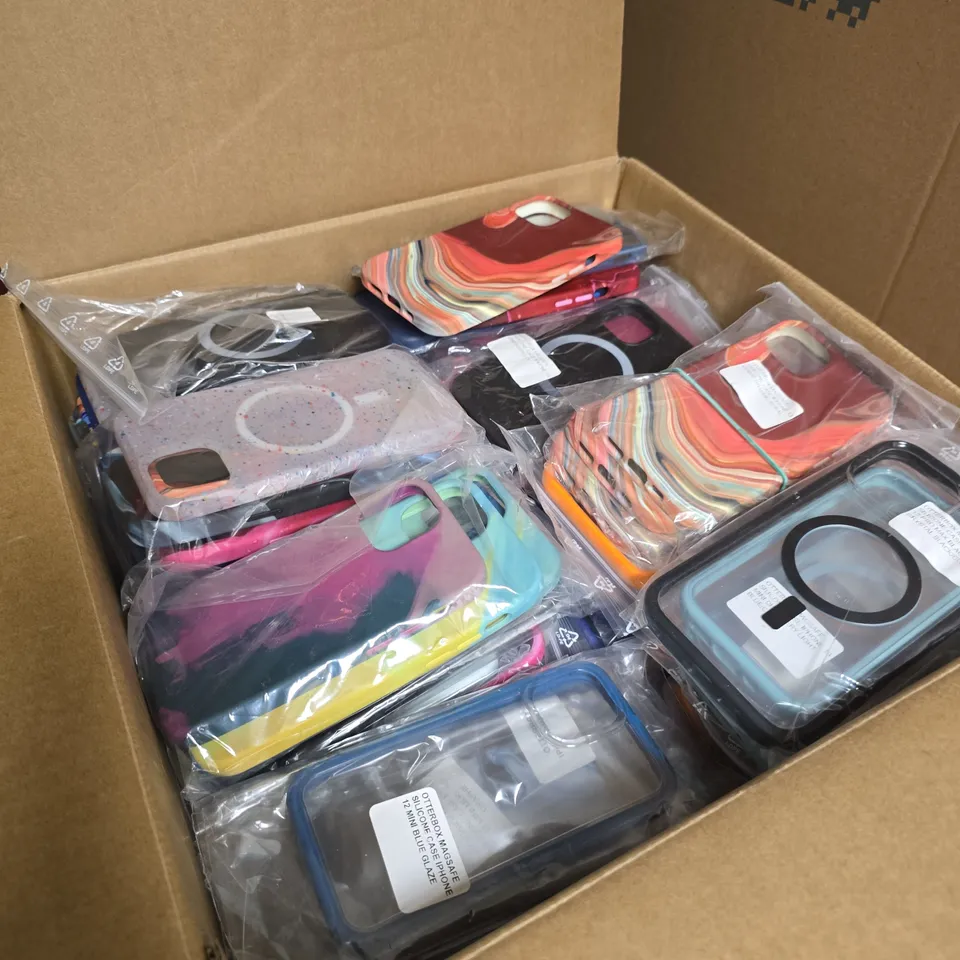 BOX OF APPROXIMATELY 150 ASSORTED MOBILE PHONE CASES INCLUDING OTTERBOX SILICONE CASE AND OTTERBOX IPHONE 12 MINI 