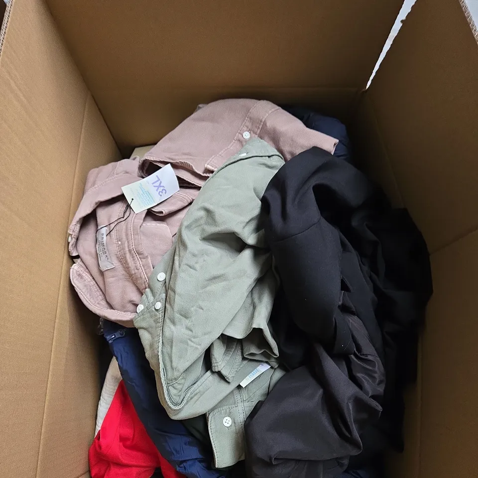 LARGE BOX OF ASSORTED CLOTHING ITEMS IN VARIOUS SIZES, STYLES AND COLOUR 