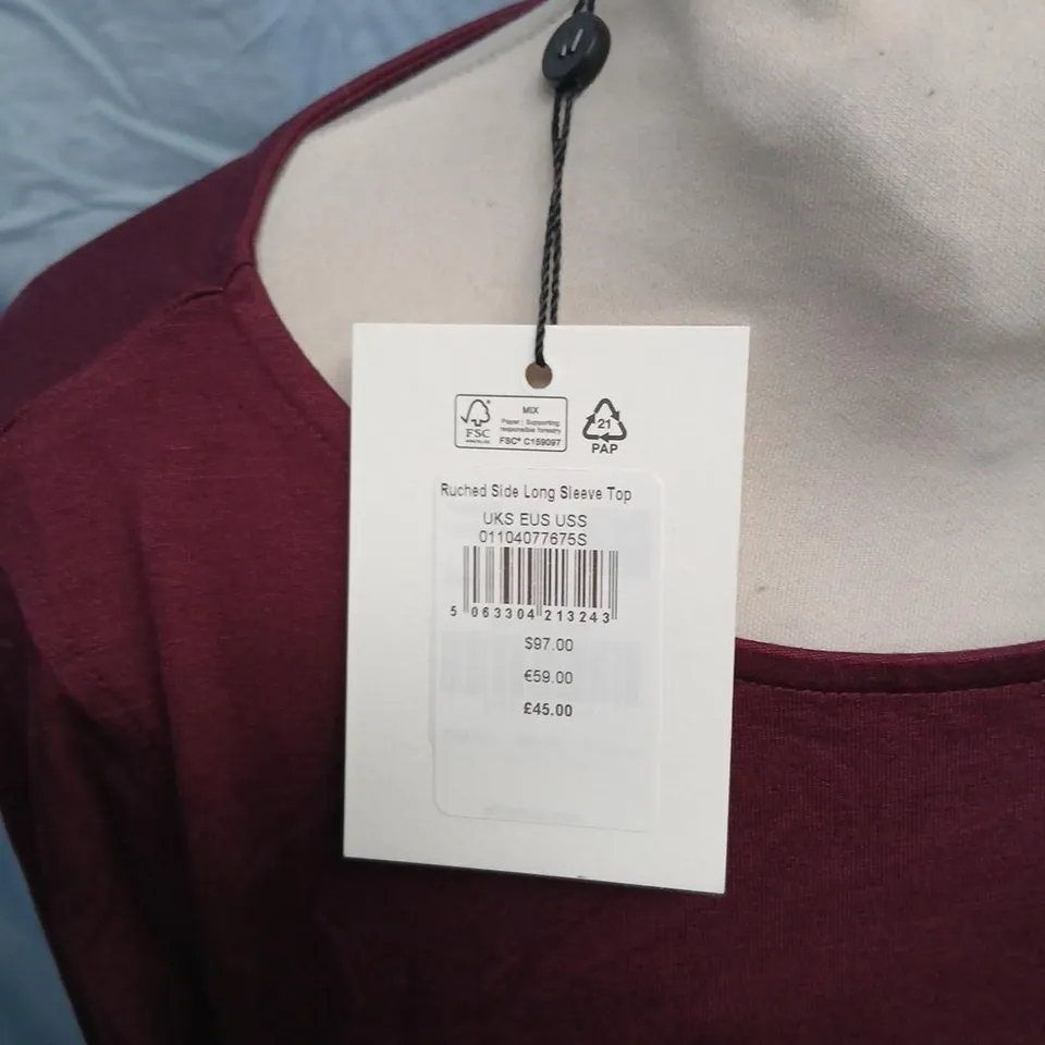 WHISTLES RUCHED SIDE LONG SLEEVE TOP – BURGUNDY (UK S)