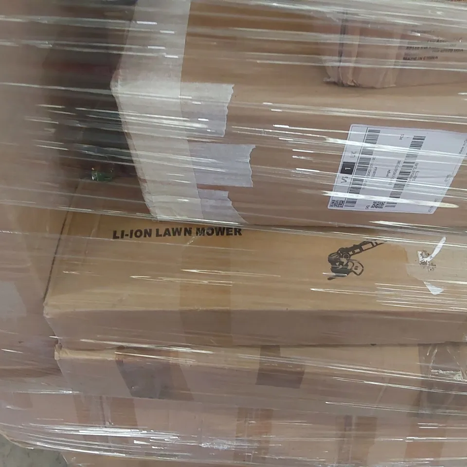 PALLET CONTAINING A LARGE ASSORTMENT OF CONSUMER PRODUCTS INCLUDING: LI-ION BATTERY LAWN MOWER, CAT TREE, PETROL STRIMMER, CLOTHES HANGER ECT