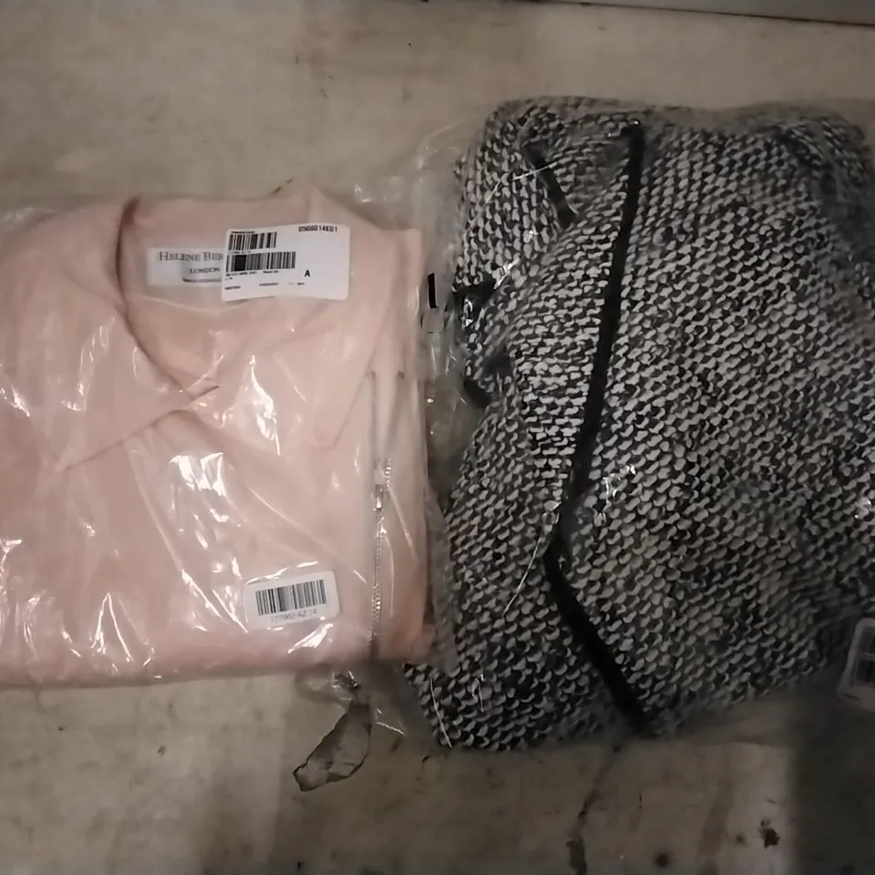 BOX OF APPROXIMATELY 8 ASSORTED CLOTHING ITEMS TO INCLUDE HELENE BERMAN EDGE TO EDGE COAT SIZE 16, HELENE BERMAN WOMEN'S BIKING EXERCISE JACKET SIZE 14