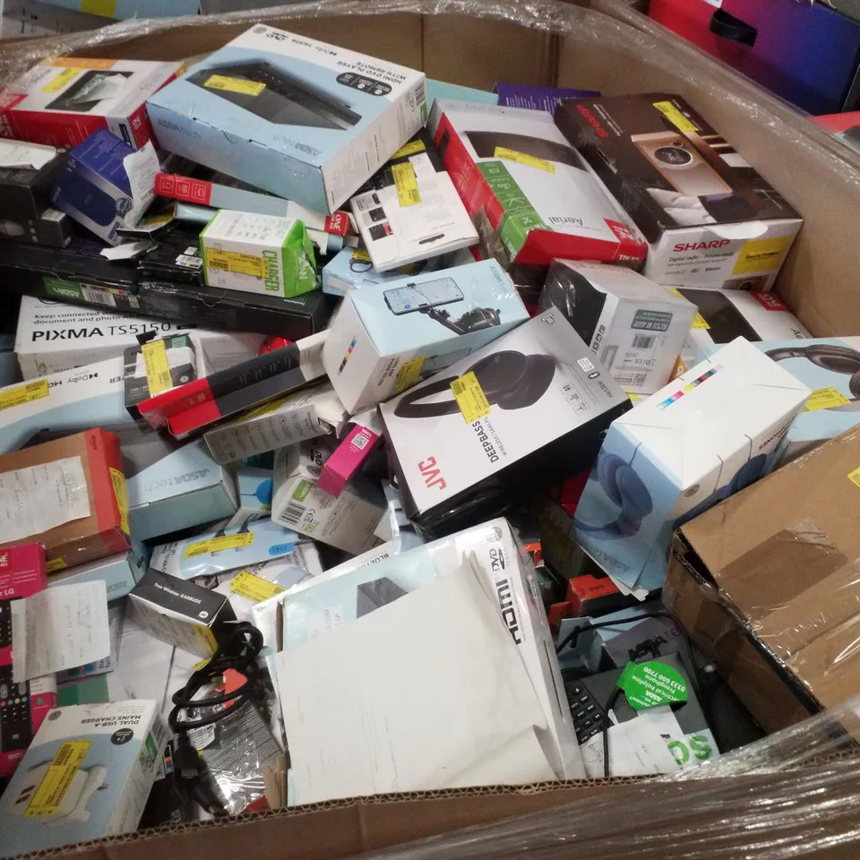 PALLET CONTAINING ASSORTED ELECTRICAL PRODUCTS INCLUDING BLUETOOTH BOOKSHELF SPEAKER, AERIAL, HDMI DVD PLAYER, WIRELESS HEADPHONES, FM ALARM CLOCK & BIG BUTTON LANDLINE PHONE 