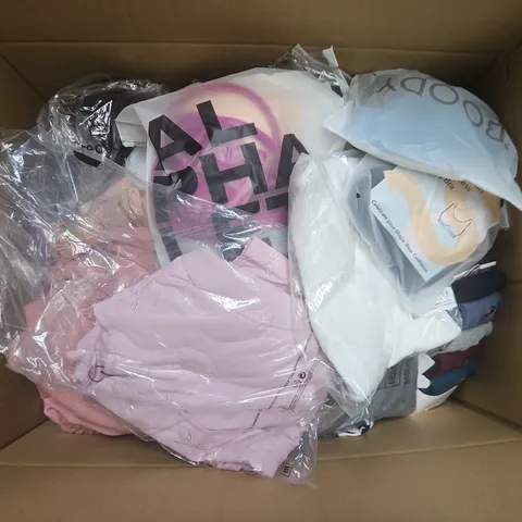 LARGE BOX OF APPROXIMATELY 25 ASSORTED CLOTHING ITEMS IN VARIOUS COLOURS, STYLES AND SIZES - COLLECTION ONLY