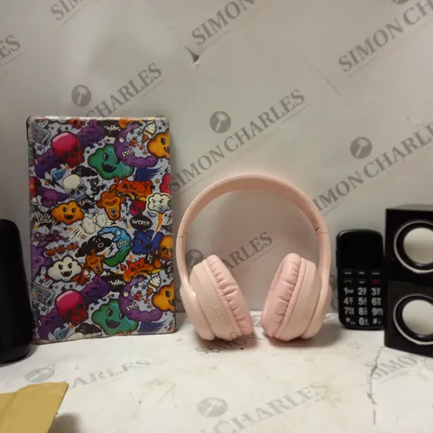 BOX OF APPROXIMATELY 14 ASSORTED ITEMS TO INCLUDE - UNBRANDED PINK HEADPHONES - HAMA DUO SPEAKERS - ULEWAY G180 PHONE ECT