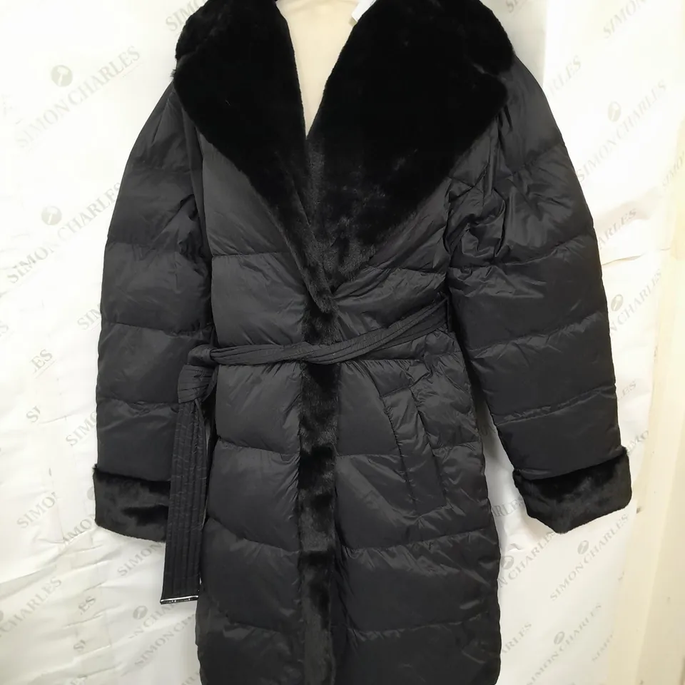 KAREN MILLEN FAUX FUR LINED BELTED PUFFER COAT IN BLACK SIZE 12