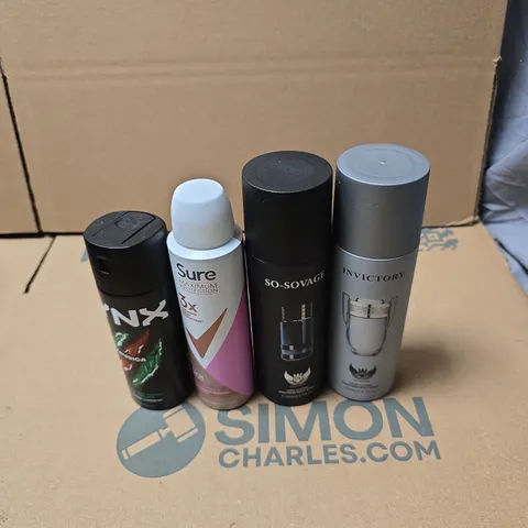 TOTE OF APPROXIMATELY 10 ASSORTED AEROSOL PRODUCTS TO INCLUDE INVICTORY BODY SPRAY, SO SOVAGE BODY SPRAY, SURE, LYNX AFRICA ETC