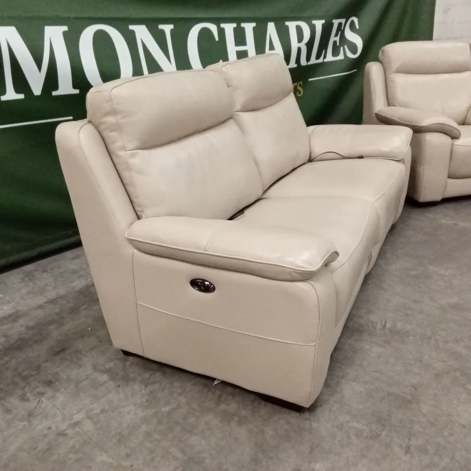 FURNITURE VILLAGE STARLIGHT POWER RECLINER LEATHER SOFA SUITE - BEIGE // 1 x 3 SEATER RECLINER SOFA, 1 x STATIC ARMCHAIR RRP £3390