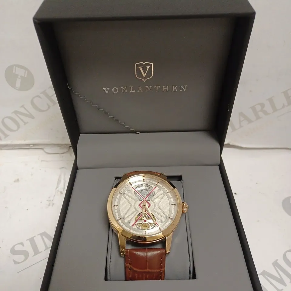 MENS VONLANTHEN AUTOMATIC WATCH – SILVER AND RED TEXTURED DIAL – ROSE GOLD COLOUR CASE - GLASS EXHIBITION BACKCASE – LEATHER STRAP