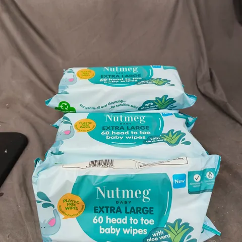 LOT OF 6 PACKS OF NUTMEG EXTRA LARGE HEAD TO TO BABY WIPES 60 WIPES PER PACK