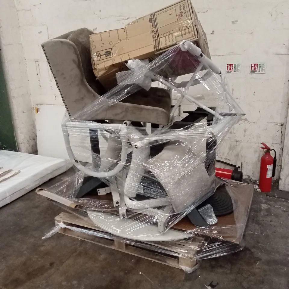 PALLET OF ASSORTED DESIGNER DINING TABLE AND DINING CHAIR PARTS AND PIECES