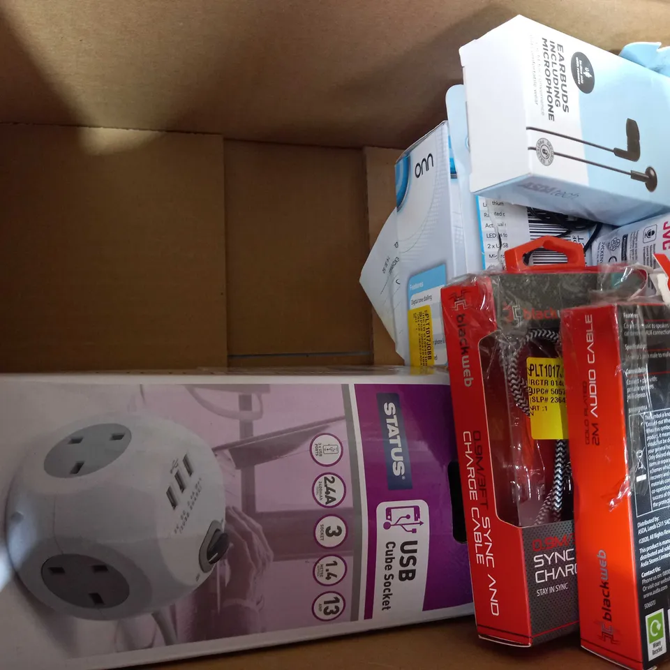 BOX OF APPROXIMATELY 10 ASSORTED HOUSEHOLD ITEMS TO INCLUDE BLACKWEB GOLD PLATED HDMI CABLE, JVC DEEPBASS WIRELESS HEADPHONES, ONN LANDLINE PHONE, ETC