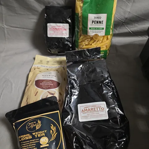 APPROXIMATELY 10 ASSORTED FOOD/DRINK PRODUCTS TO INCLUDE PENNE PASTA, AMARETTO COFFEE, WEIGHT LOSS TEA ETC 