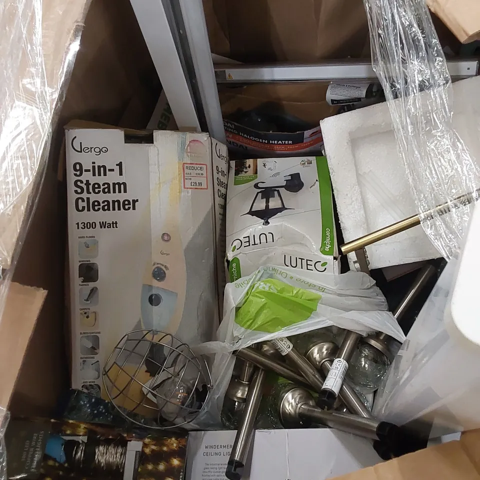 PALLET TO CONTAIN A LARGE ASSORTMENT OF HOUSEHOLD AND GARDEN PRODUCTS TO INCLUDE; LIGHTS, STEAM CLEANER, HEATER ETC