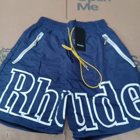 RHUDE BLUE LOGO-PRINT SWIM SHORTS – S