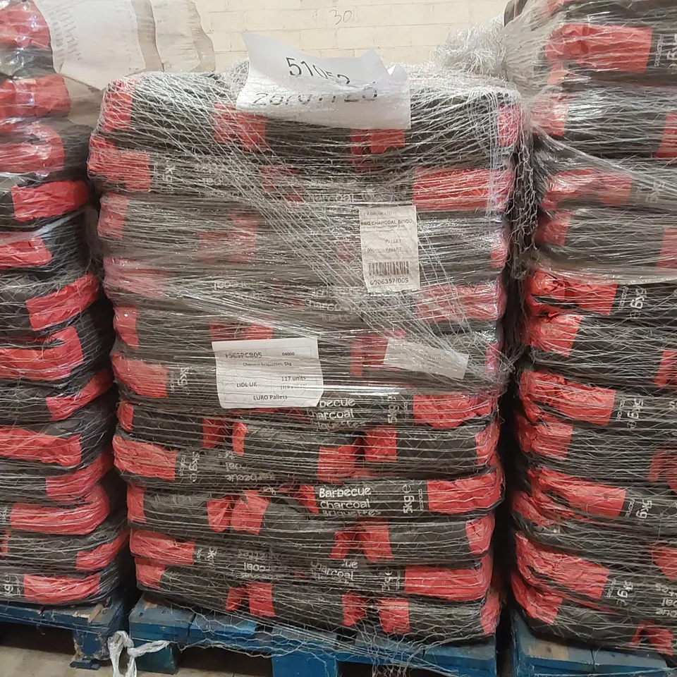 PALLET CONTAINING A LARGE QUANTITY OF CHARCOAL BRIQUETTE BAGS 