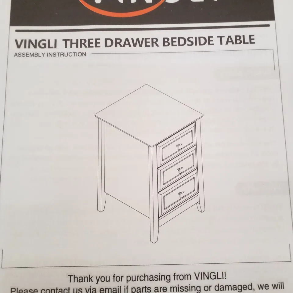 BOXED VINGLI 3 DRAWER BEDSIDE TABLE 