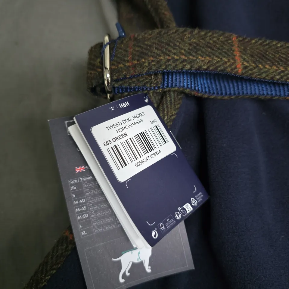 H&H TWEED DOG JACKET – GREEN PLAID WITH BLUE LINING – WITH TAGS M50