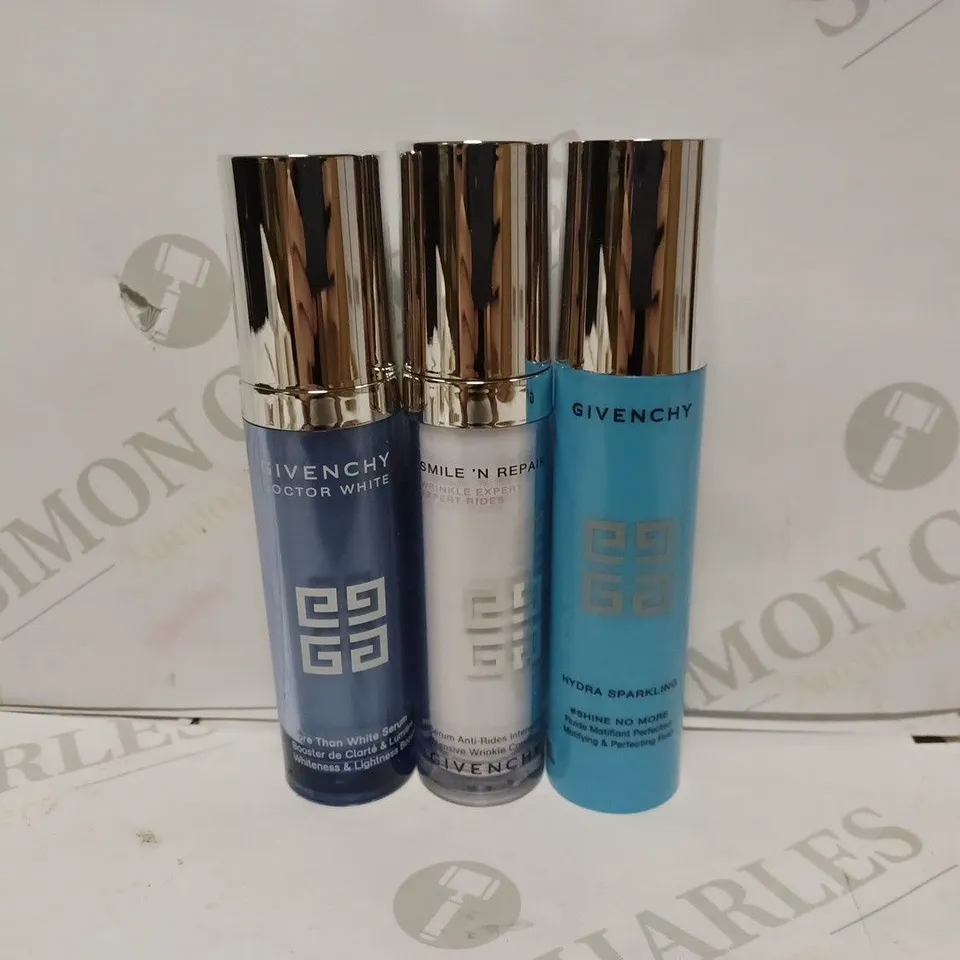 LOT OF APPROXIMATELY 11 GIVENCHY PRODUCTS TO INCLUDE 7 DOCTOR WHITE MORE THAN WHITE SERUM (30ml), 2 SMILE 'N REPAIR WINKLE CORRECTION SERUM (30ml), 2 HYDRA SPARKLING MATIFYING FLUID (30ml)