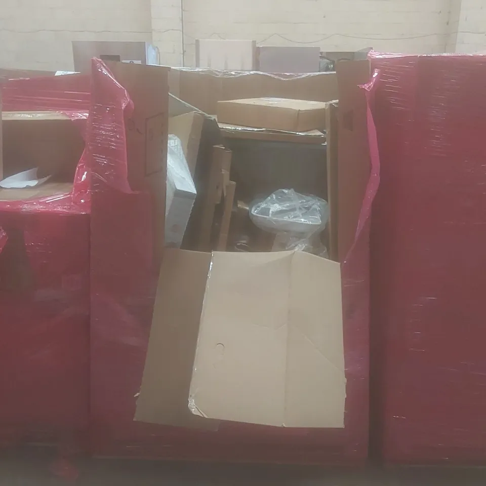 PALLET OF ASSORTED HOUSEHOLD GOODS AND PRODUCTS TO INCLUDE; MULTIFUNCTIONAL CRUTCH, MIRROR, BOXED FURNITURE ETC 