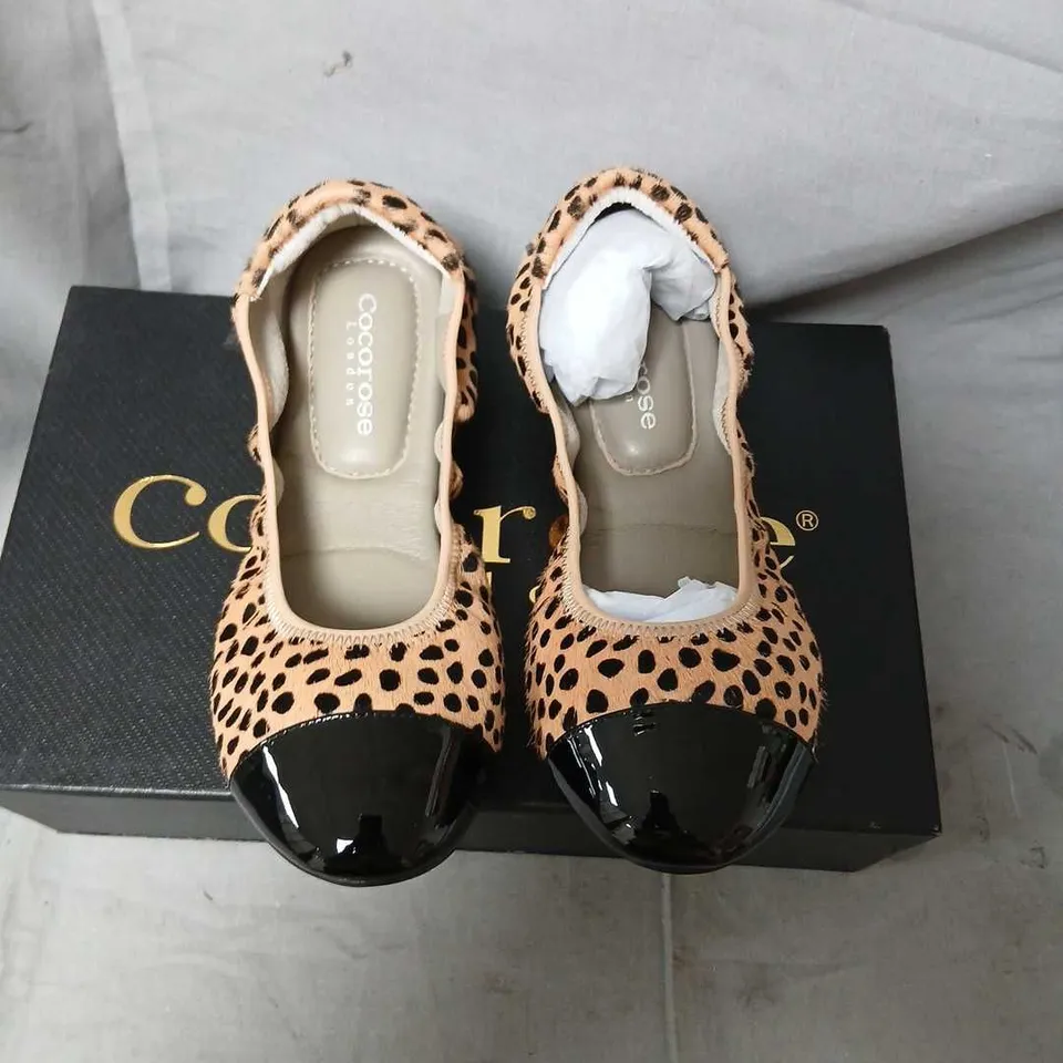 COCOROSE LONDON LEOPARD PONY HAIR FLATS WITH BLACK PATENT TOE CAP – UK 3.5 (EU 36)
