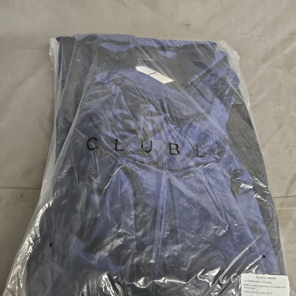 CLUB LONDON NAVY VELVET BANDEAU SKATER MIDI DRESS – UK 14