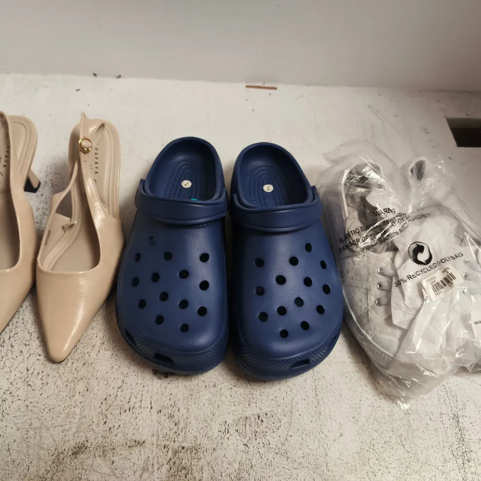 BOX OF APPROXIMATELY 15 ASSORTED PAIRS OF SHOES AND FOOTWEAR ITEMS IN VARIOUS COLOURS, STYLES, AND SIZES - COLLECTION ONLY
