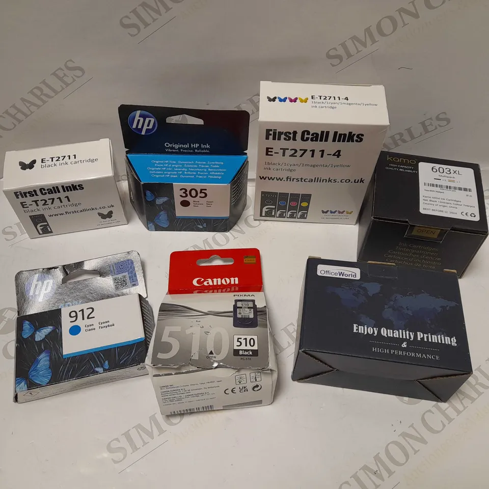 BOX OF APPROX 20 PRINTER INK CARTRIDGES TO INCLUDE OFFICE WORLD 570 INK CARTRIDGE, HP 305 BLACK CARTRIDGE AND FIRST CALL INKS E-T2711-4 CARTRIDGE 