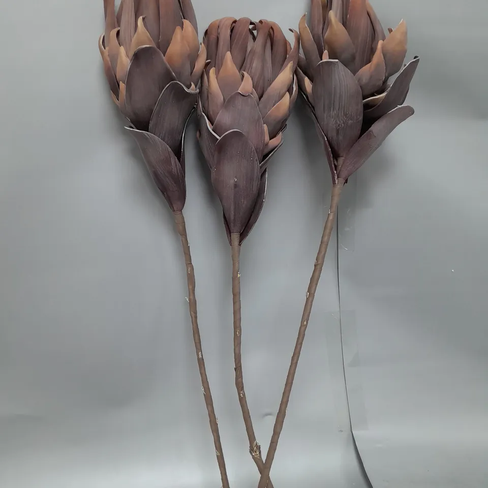 BOXED ALISON CORK SET OF 3 PROTEA PRE-LIT FAUX FLORAL STEMS IN DUSTY PINK