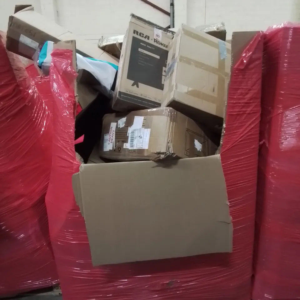 PALLET OF ASSORTED HOUSEHOLD ITEMS AND CONSUMER PRODUCTS TO INCLUDE; 32" RCA ROKU TV, STAINLESS STEEL SINK, TENT ETC.