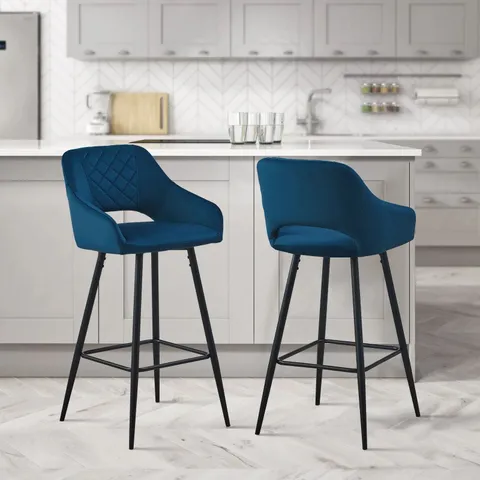 BOXED SET OF TWO ARSLAN BLUE VELVET BAR STOOLS