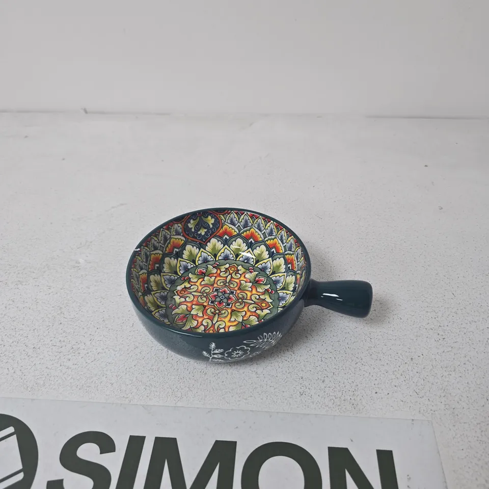 CERAMIC BOWL WITH HANDLE, MULTICOLOURED INTERIOR PATTERN
