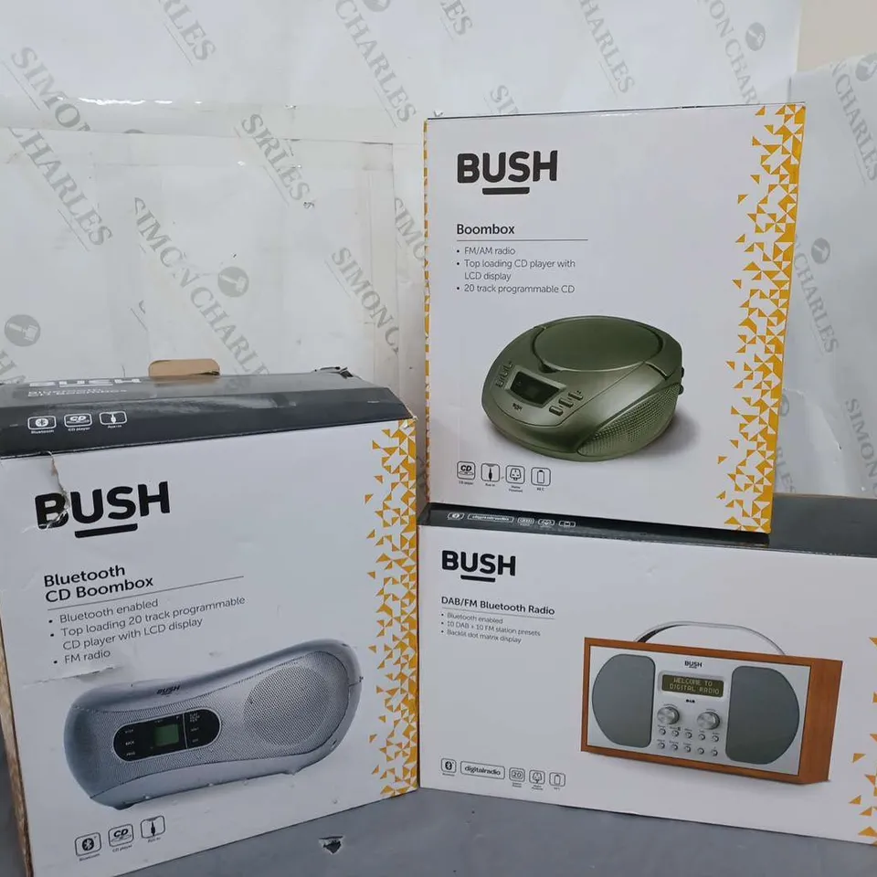 3 BOXED BUSH PRODUCTS TO INCLUDE 1 BLUETOOTH CD BOOMBOX, 1 BOOMBOX, 1 DAB/FM BLUETOOTH RADIO